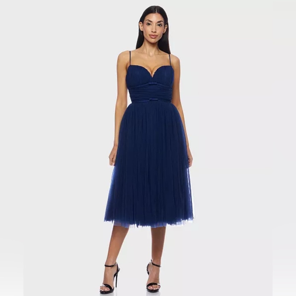 Strapless-Look Navy Tulle Midi Dress with Spaghetti Straps
